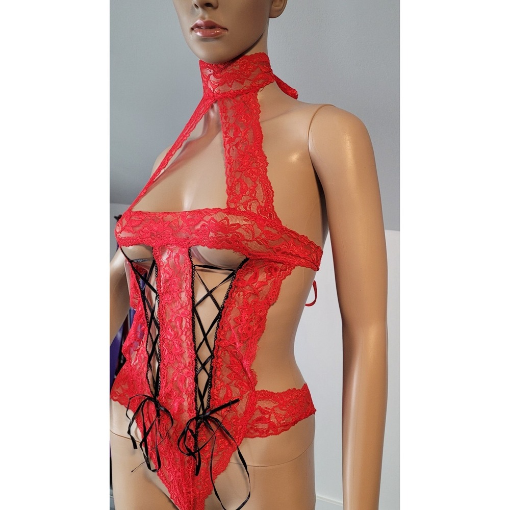 Women's Sexy Red with Black Lace Up Nylon Teddy  With G-String Bottom Size S/M‎ - Picture 6 of 10